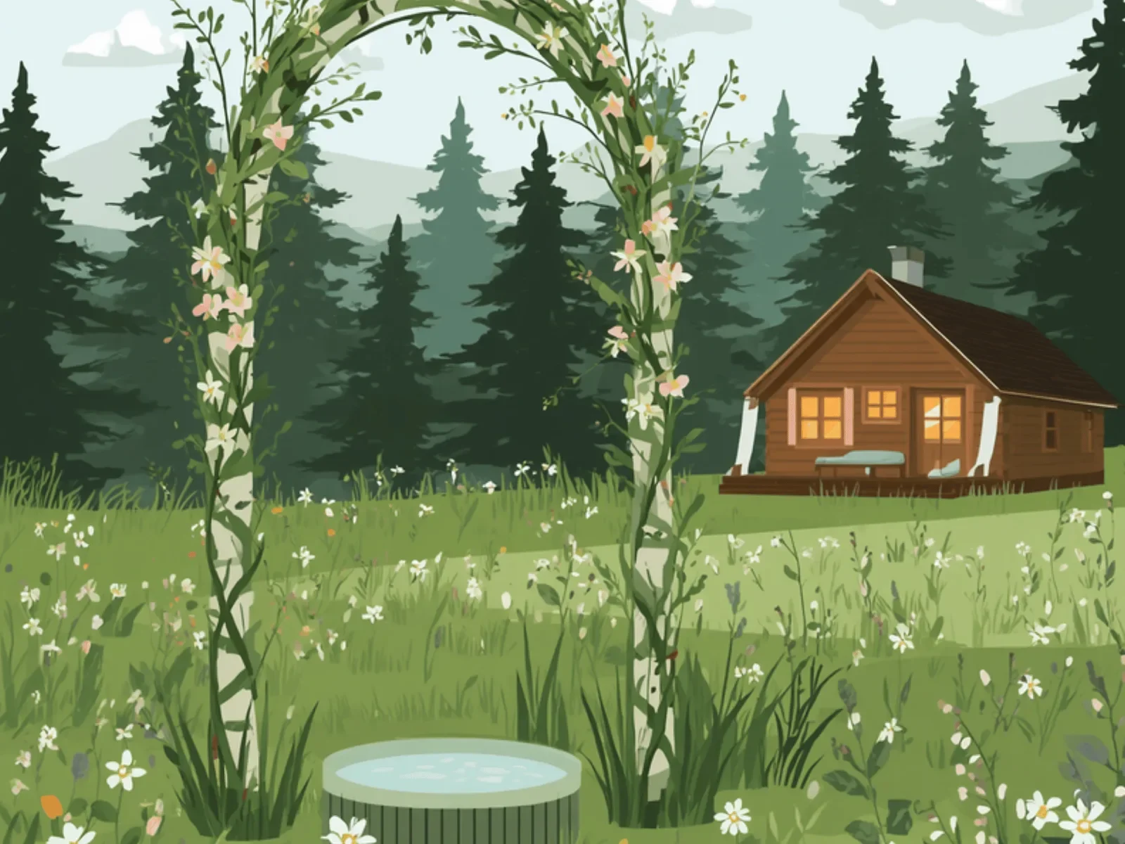 Ilustracja: kwietna brama i łąka pełna kwiatów przy domku, końcówka maja