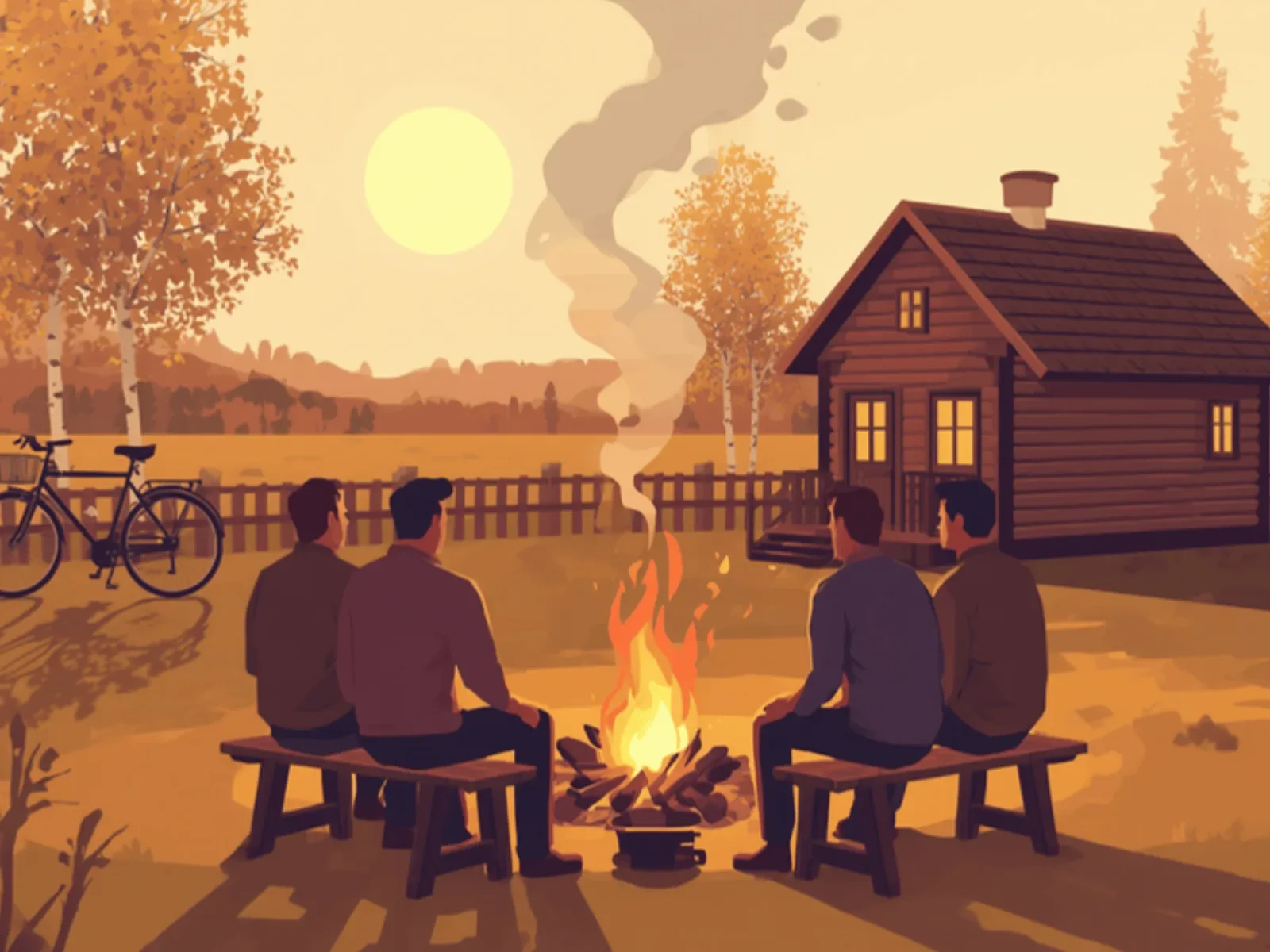 Ilustracja: męska paczka przy ognisku pod domkiem, jesienne brzozy i rower przy płocie