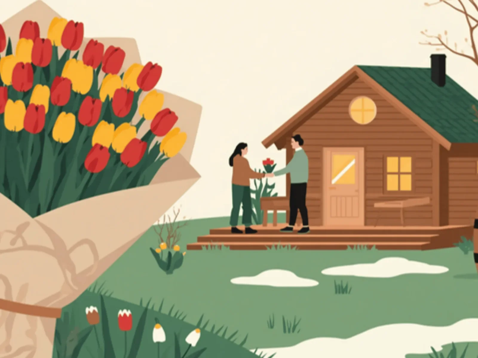 Ilustracja: bukiet tulipanów wręczany przed domkiem, pierwsze przebiśniegi i topniejący śnieg