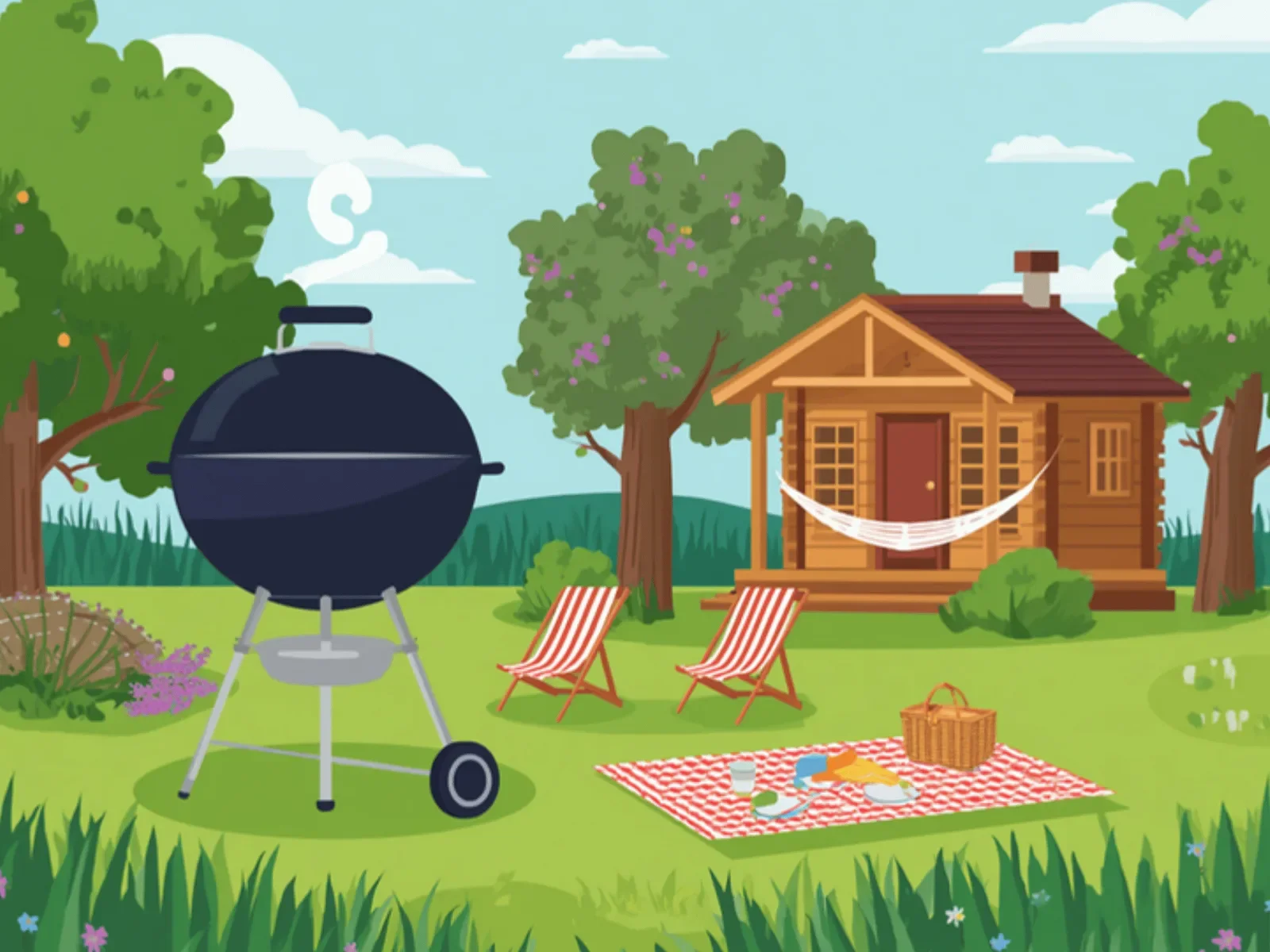 Ilustracja: grill, leżaki i hamak przy domku, kwitnące drzewa i koc piknikowy