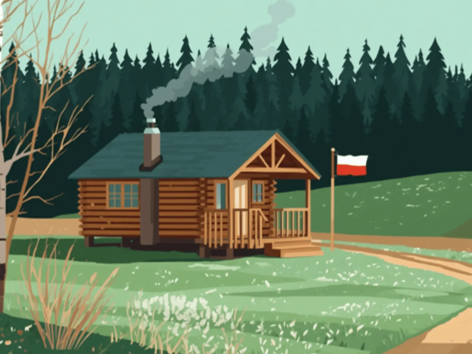 Ilustracja: biało-czerwona flaga przy ganku domku, listopadowy szron i dym z komina