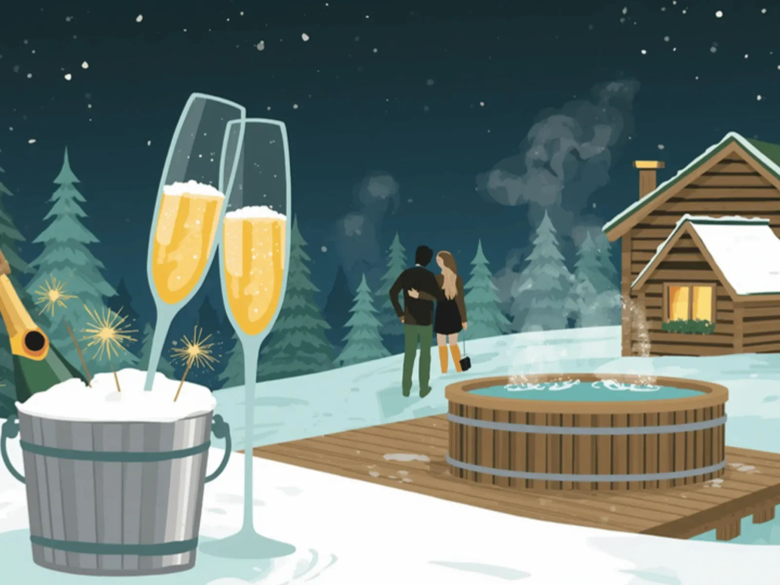 Ilustracja: noworoczny toast przy balii, zimne ognie w śniegu i rozgwieżdżone niebo