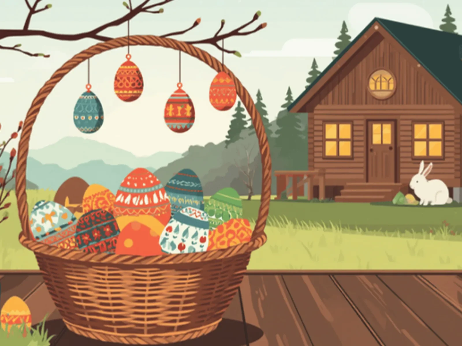 Ilustracja: kosz pisanek i bazie z zawieszonymi jajkami przed domkiem, wiosenny poranek
