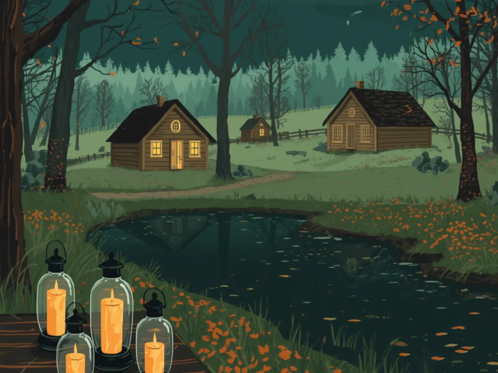 Ilustracja: lampiony ze świecami na pomoście nad stawem, jesienny zmierzch i domki ze światłem w oknach